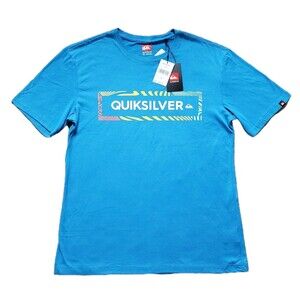 NWT Quicksilver Spellout Classic Wave Logo Size Medium Mens Blue T-Shirt